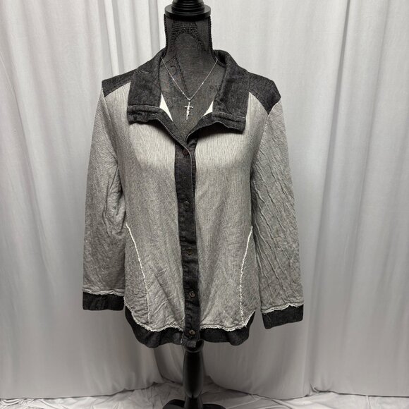 Focus Casual Life Cardigan Womens Sz Large Gray Black Button Up Raw Edge Details - Picture 1 of 8